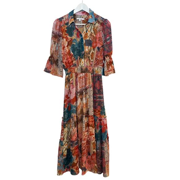 Chico's Tapestry Print Tiered Ruffled Shirt Dress Midi Boho Floral Collared 00 2 - Picture 2 of 10